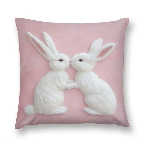 Adorable Pink Pillow with White Bunny Rabbit Design - 18" x 18" - Picture 2 of 5